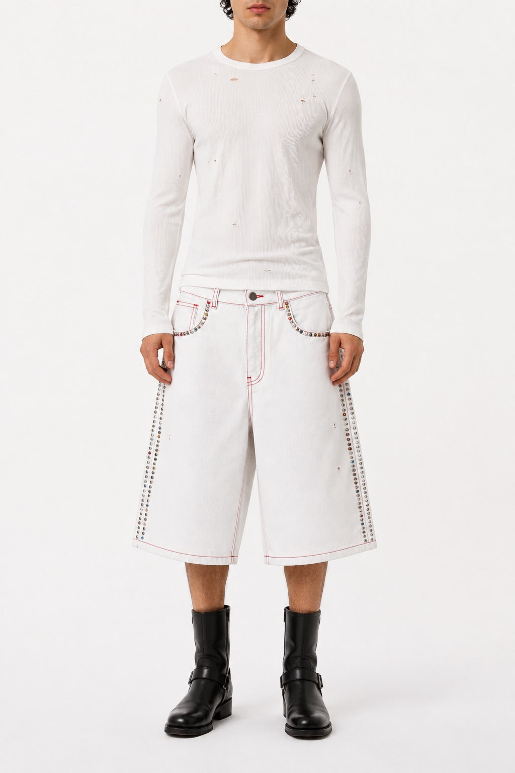 Denim bermuda ricamato - Light blue