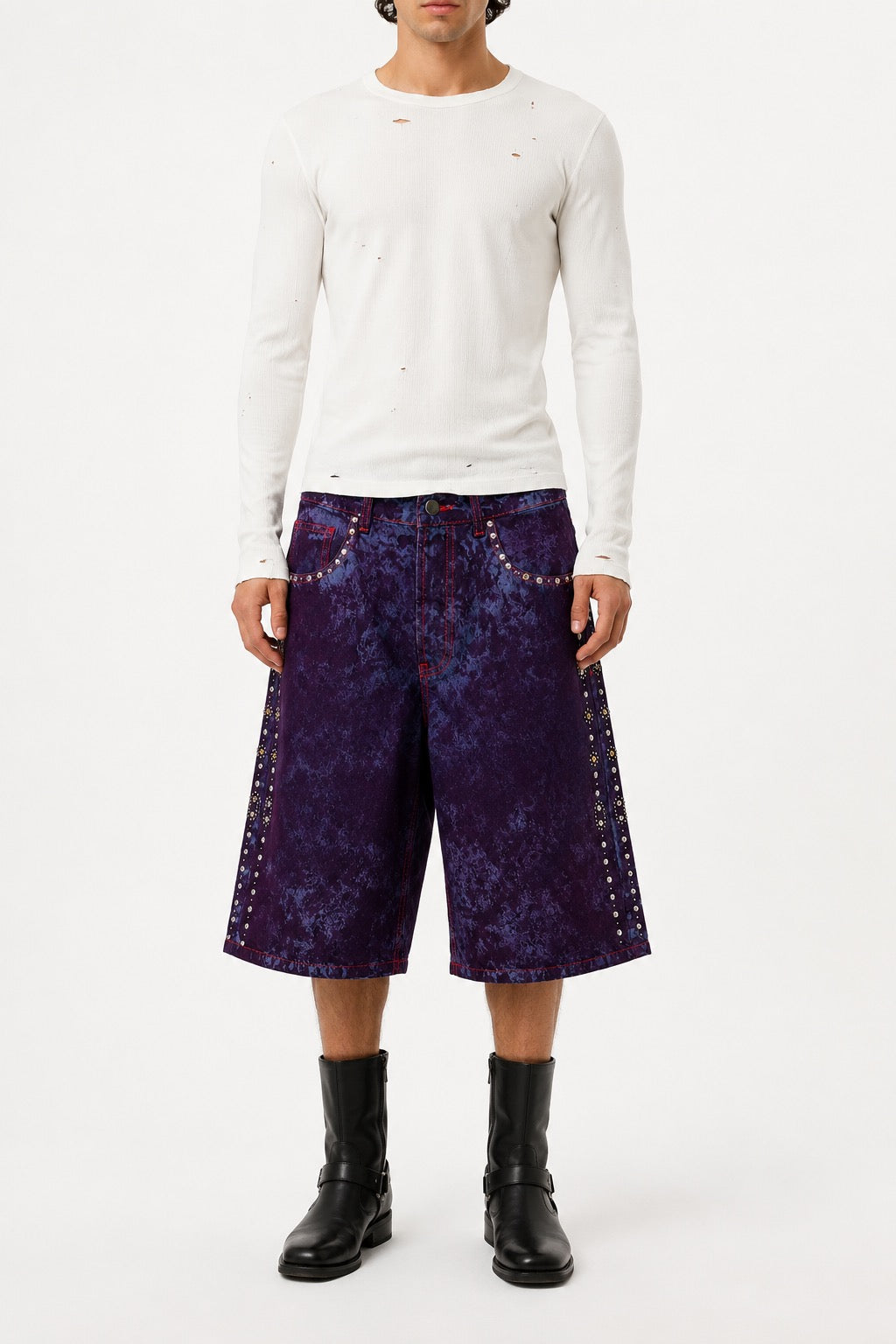 Denim bermuda ricamato - Stone purple